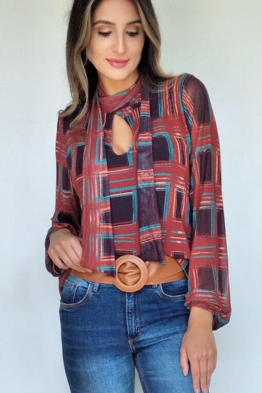Blusa de tule com decote tipo cachecol /372BLB-23