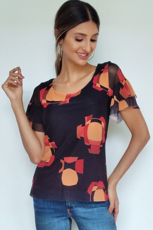 Blusa de tule básica com mangas em duas camadas /343BRJ119