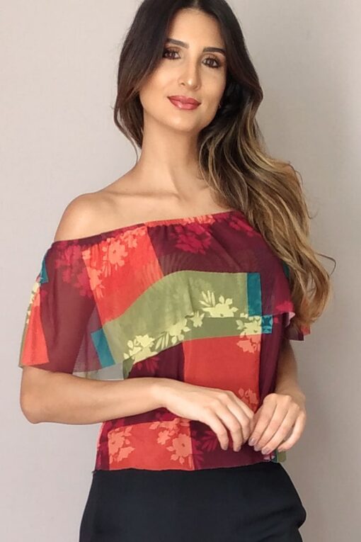 Blusa de tule com babado no decote /345BCG70