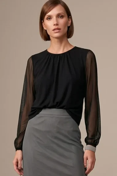 Blusa de tule com decote franzido /445PTO
