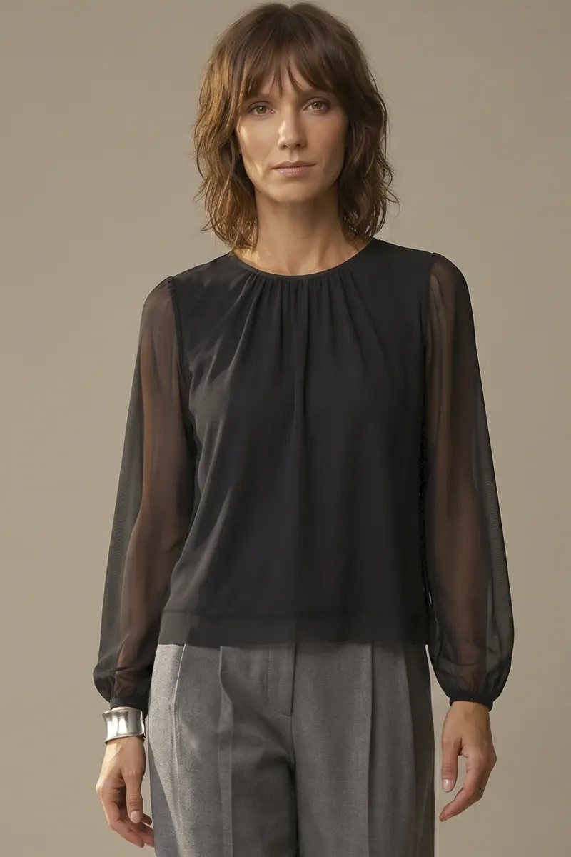 Blusa de tule com decote franzido /445PTO