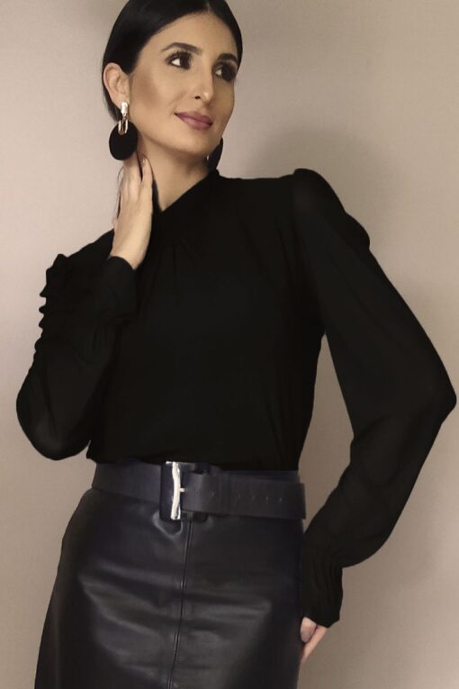 Blusa de tule gola alta e manga bufante /404PTO