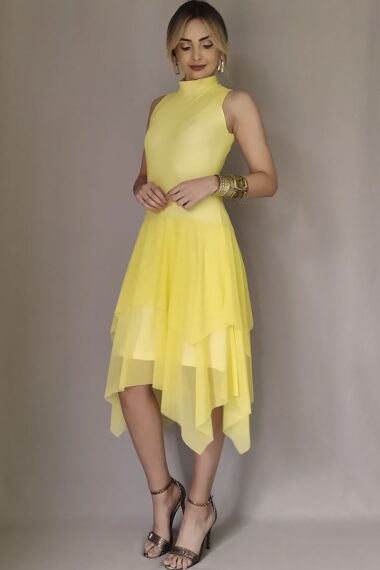 Vestido de tule manga cavada assimétrico /468AMA