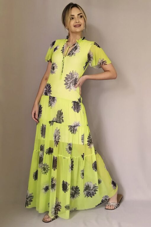 Vestido de tule longo com camadas e gola com franzido e tiras /469VGA255
