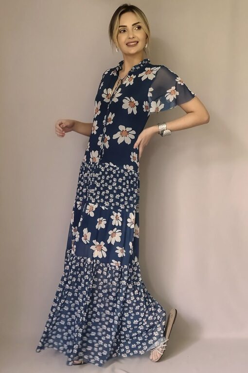 Vestido de tule longo com camadas e gola com franzido e tiras /469VGA272