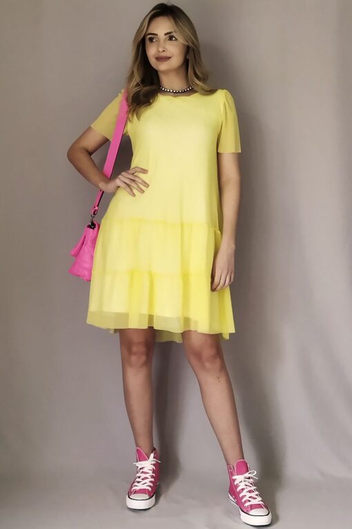 Vestido de tule com decote redondo e mangas bufantes /471AMA