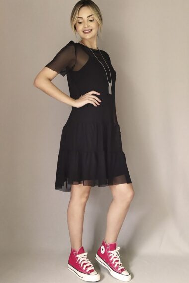 Vestido de tule com decote redondo e mangas bufantes /471PTO