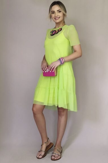 Vestido de tule com decote redondo e mangas bufantes /471LIM