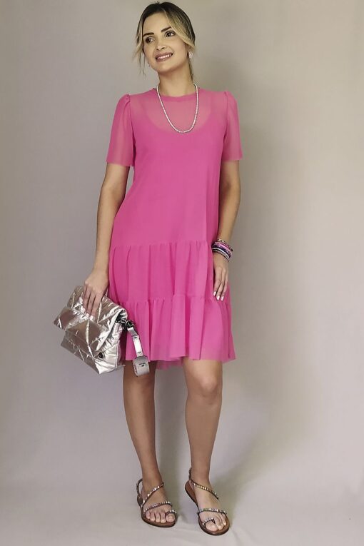 Vestido de tule com decote redondo e mangas bufantes /471PIN