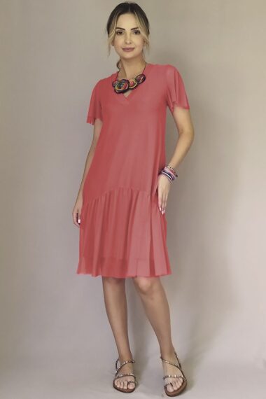 Vestido de tule decote V e manga godê /481LAR