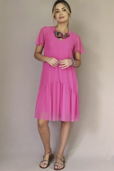 Vestido de tule decote V e manga godê /481PIN