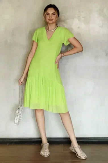 Vestido de tule decote V e manga godê /481LIM