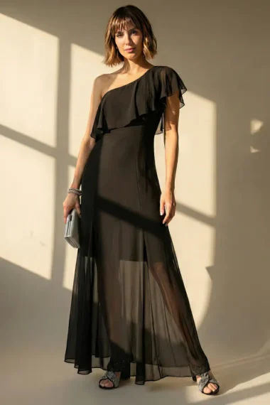 Vestido longo, um ombro e babado /525PTO