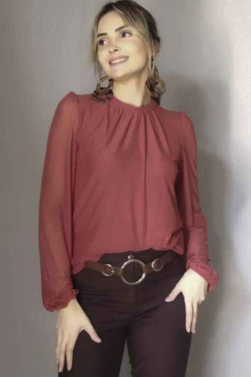 Blusa de tule com decote franzido /445ARG