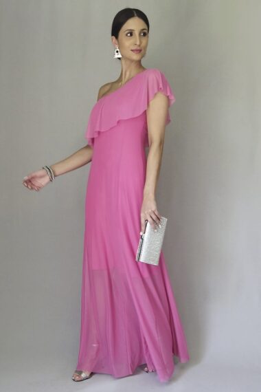 Vestido longo, um ombro e babado /525PIN