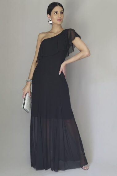 Vestido longo, um ombro e babado /525PTO