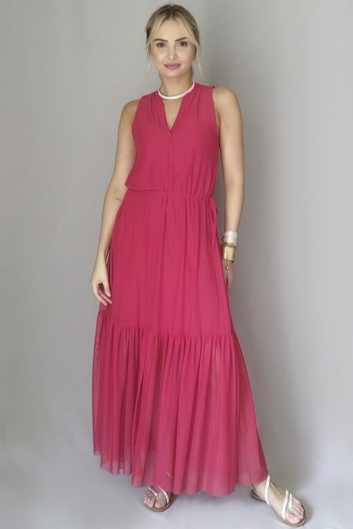 Vestido de tule longo com ajuste amarração /466VM3