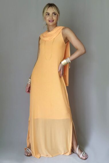 Vestido longo manga cavada com echarpe /529PES