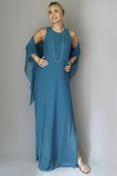 Vestido longo manga cavada com echarpe /529PET