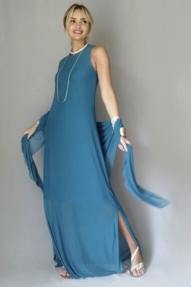 Alternative view of Vestido longo manga cavada com echarpe /529PET