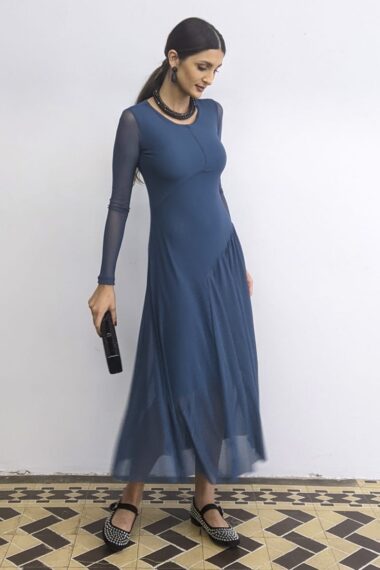 Vestido de tule acinturado cortes transversais /548OXF