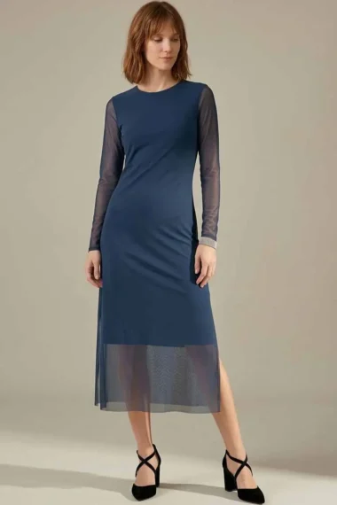 Vestido acinturado midi com fendas /539OXF