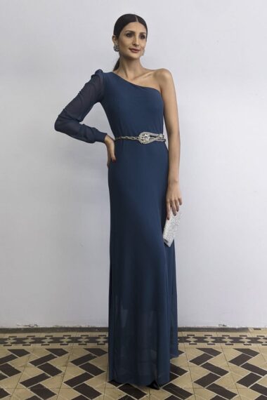 Vestido longo, um ombro e fenda /546OXF