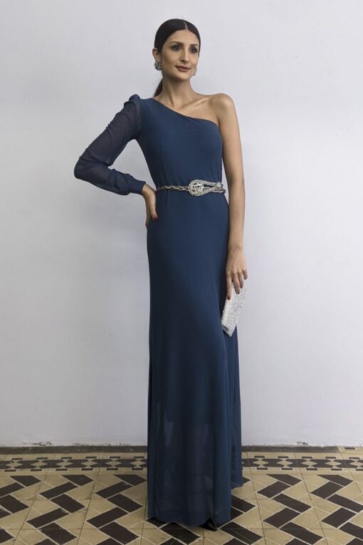 Vestido longo, um ombro e fenda /546OXF