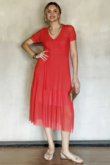 Vestido de tule midi manga bufante /467LAR