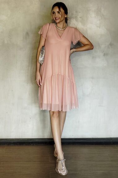 Vestido de tule decote V e manga godê /481ANT