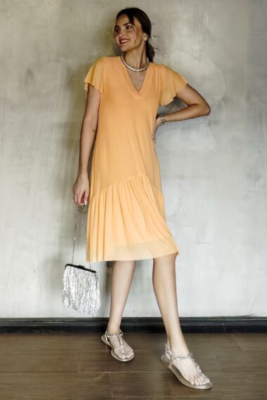 Vestido de tule decote V e manga godê /481PES