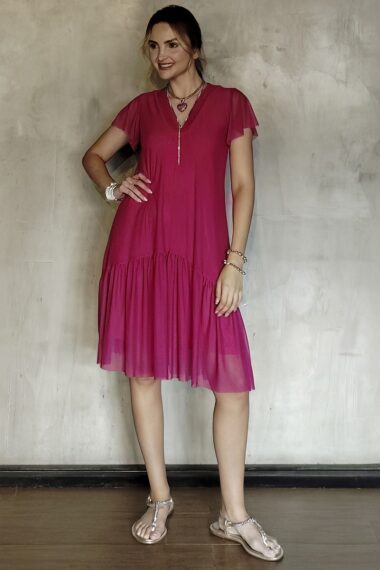 Vestido de tule decote V e manga godê /481PIT