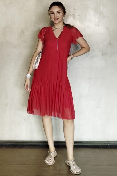 Vestido de tule decote V e manga godê /481VM3