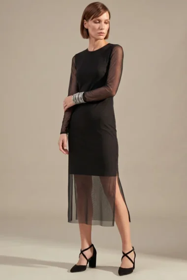 Vestido acinturado midi com fendas /539PTO